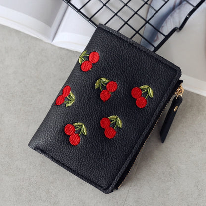 IELGY vertical cherry embroidery short ladies small wallet