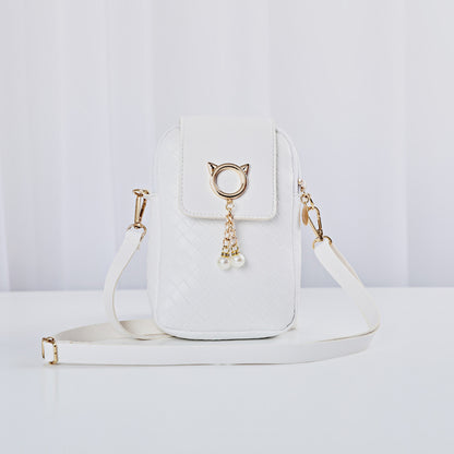 IELGY Cover type Tassel Mobile phone Woven Pearl Korean version Woman's bag Black One shoulder Diagonal