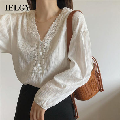 IELGY Ladies Long Sleeve V-neck Stitching Chiffon White Shirt Loose and Thin