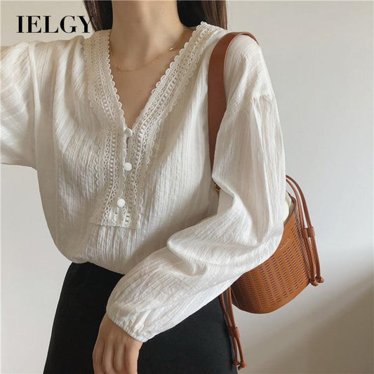 IELGY Ladies Long Sleeve V-neck Stitching Chiffon White Shirt Loose and Thin