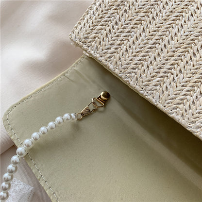 IELGY straw woven bag female fashion small daisy one shoulder messenger pearl chain bag