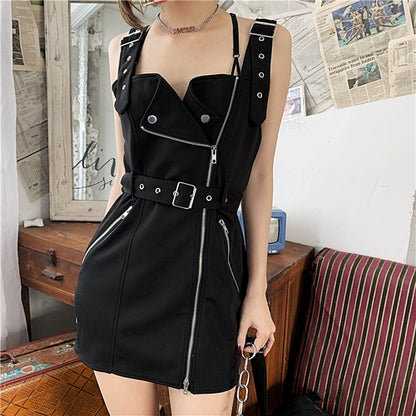 IELGY High Waist Plaid Dress  Shoulder strap temperament skirt, high waist, slim, plaid color matching zipper design skirt