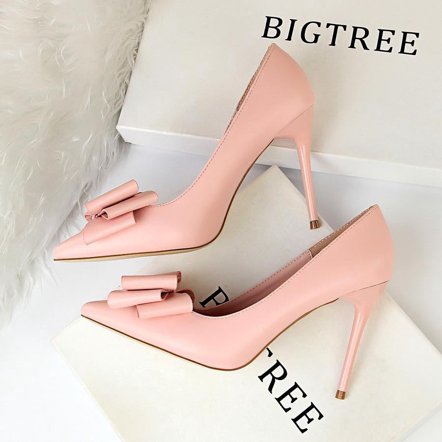 IELGY Sweet high-heeled heels with thin and shallow mouth pointed bow women's shoes