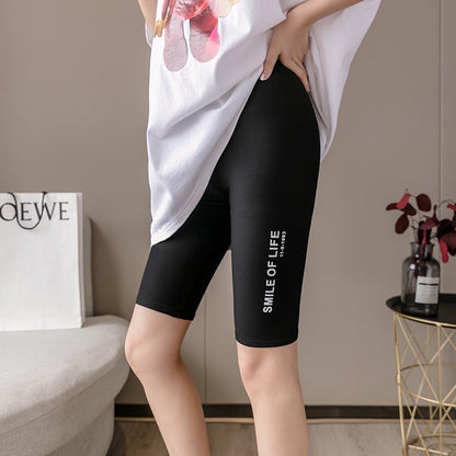 IELGY new ice silk plaid letter large size tight shorts sports yoga riding five pants women
