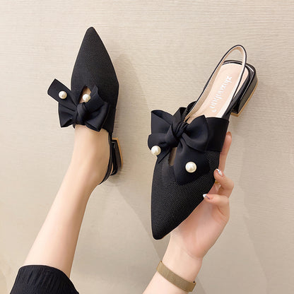 IELGY Baotou sandals female pointed thick heel with bowknot pearl fairy style
