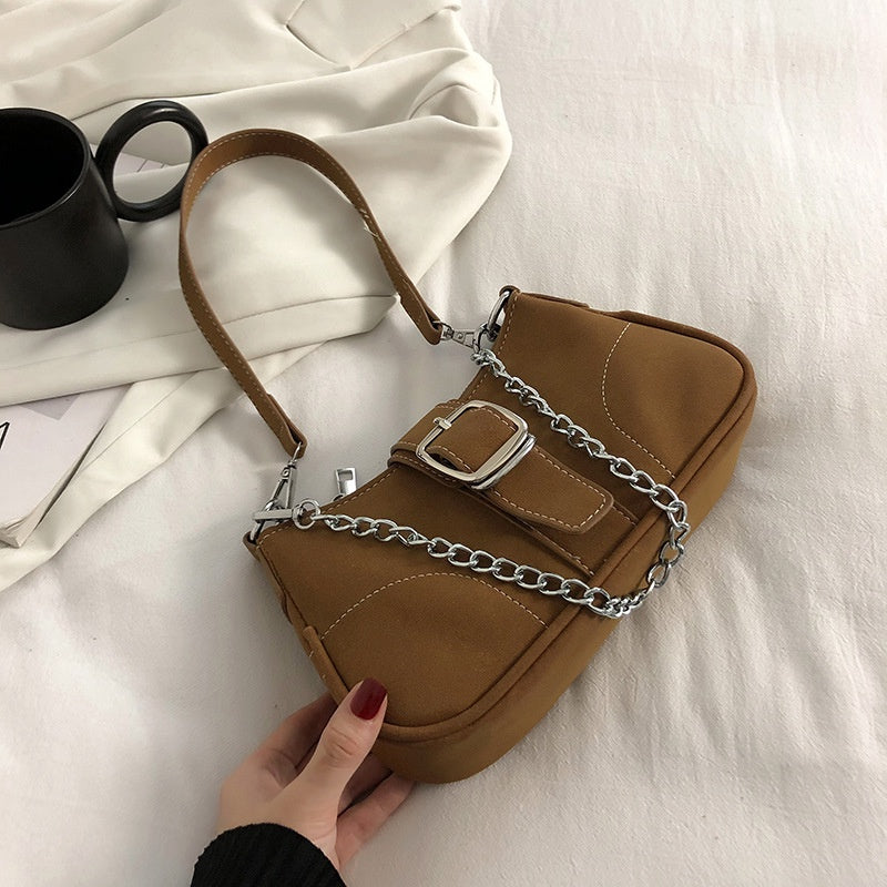 IELGY fashion solid color chain shoulder bag with belt buckle decoration