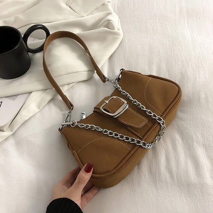 IELGY fashion solid color chain shoulder bag with belt buckle decoration