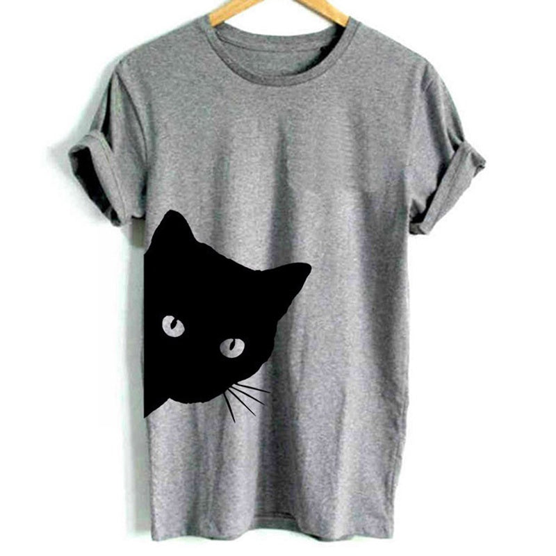 IELGY hot cat pattern printed round neck slim short-sleeved loose casual T-shirt top