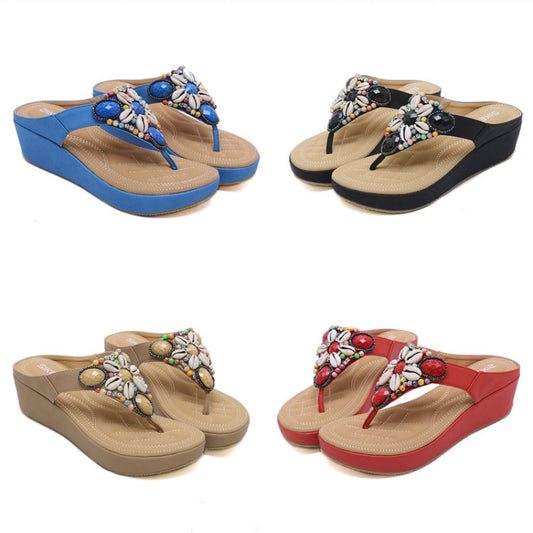 IELGY Large size sandals women leisure beach bohemian beaded 5cm wedge