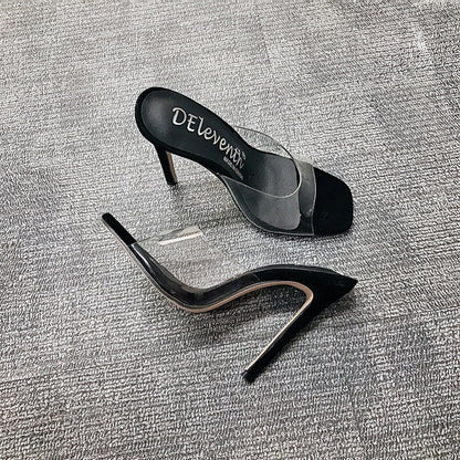 IELGY Fashion European and American square head wood grain transparent high-heel sandals and slippers