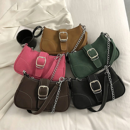 IELGY fashion solid color chain shoulder bag with belt buckle decoration