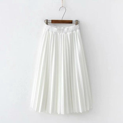 IELGY Temperament pleated skirt mid-length skirt elastic waist solid color wild skirt