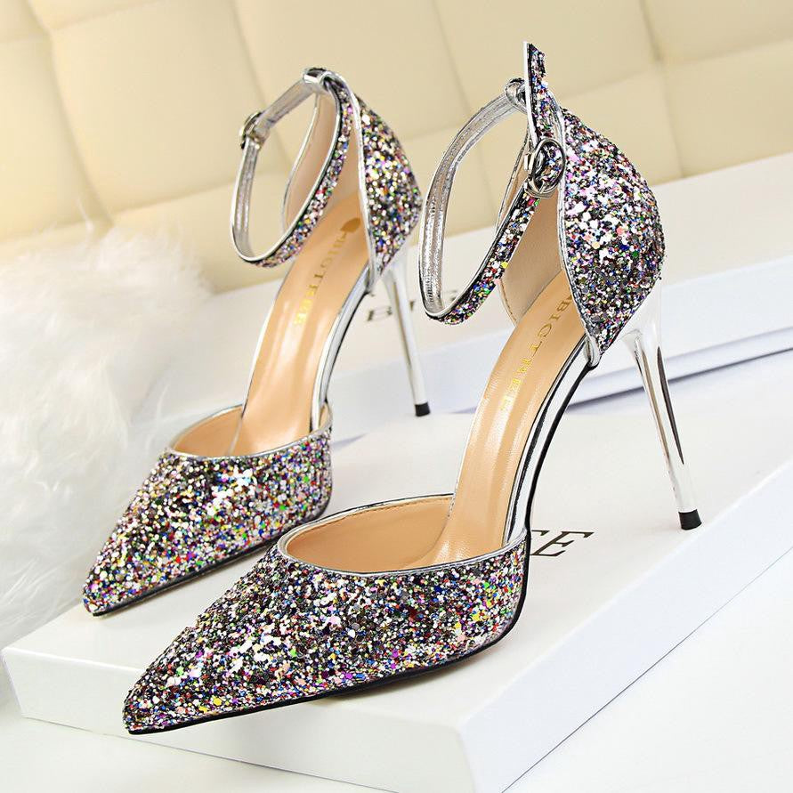 IELGY Stiletto heels shallow mouth pointed toe hollow sequins sexy nightclub was thin lady sandals