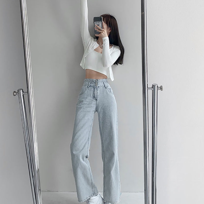 IELGY retro high-waist three-breasted straight jeans loose drape is thin and versatile