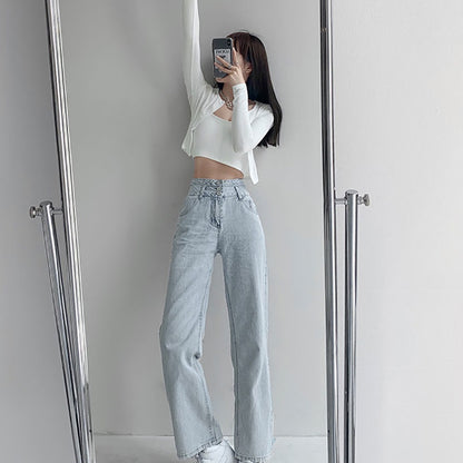 IELGY retro high-waist three-breasted straight jeans loose drape is thin and versatile