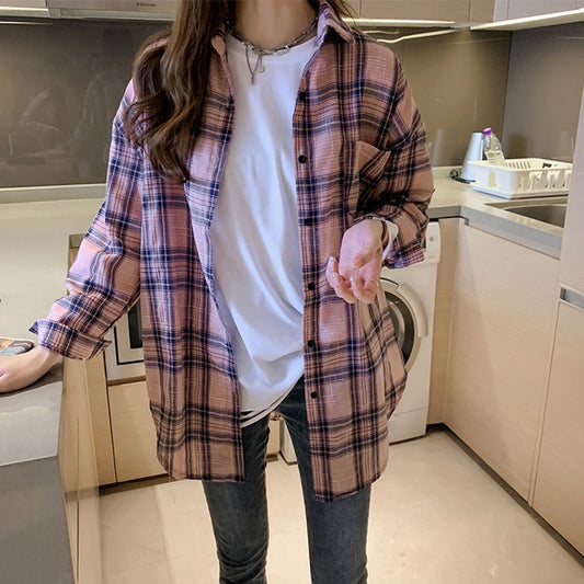 IELGY spring Korean style temperament long-sleeved plaid shirt women loose design blouse casual shirt