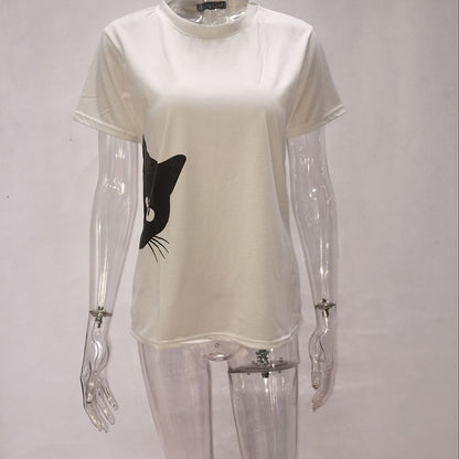 IELGY hot cat pattern printed round neck slim short-sleeved loose casual T-shirt top
