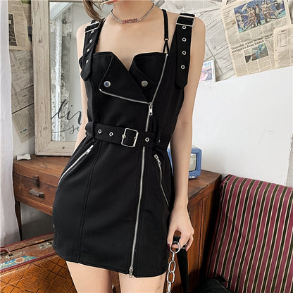 IELGY High Waist Plaid Dress  Shoulder strap temperament skirt, high waist, slim, plaid color matching zipper design skirt