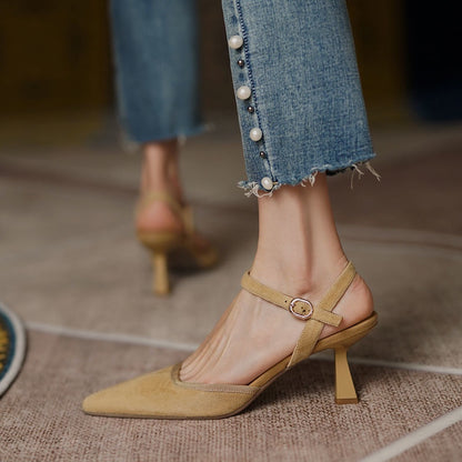 IELGY French mid-high heel toe cap sandals female buckle strap temperament stiletto pointed toe