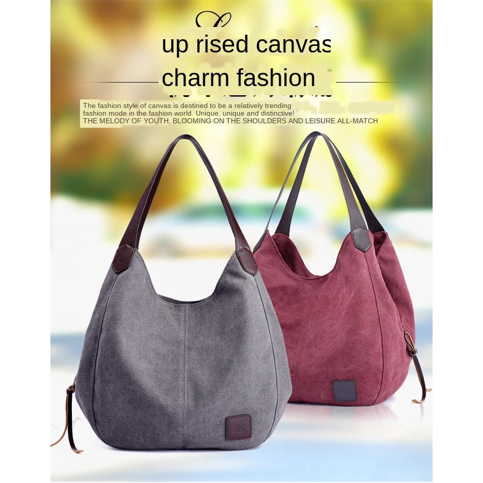 New canvas bag female bag fashion wild art simple shoulder bag multi-compartment leisure big bag