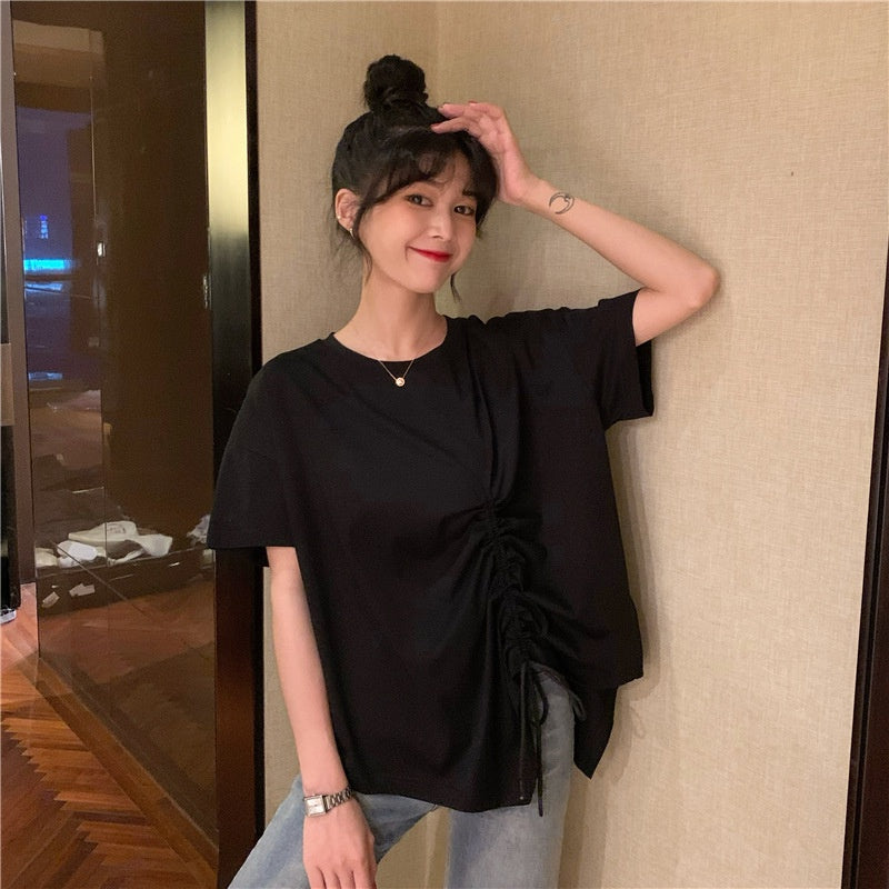 IELGY plus size women's summer drawstring irregular design sense loose short-sleeved t-shirt