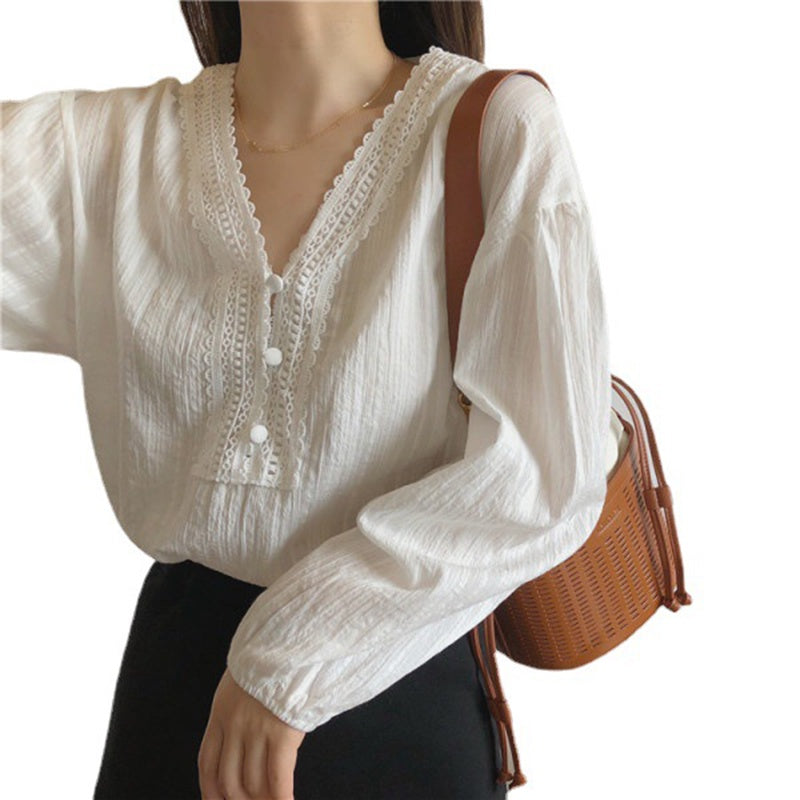 IELGY Ladies Long Sleeve V-neck Stitching Chiffon White Shirt Loose and Thin