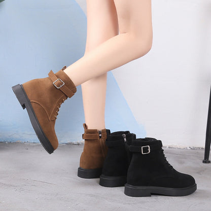 IELGY Fashion Belt Buckle Women's Boots Lace-up Flat Women Suede Korean Style