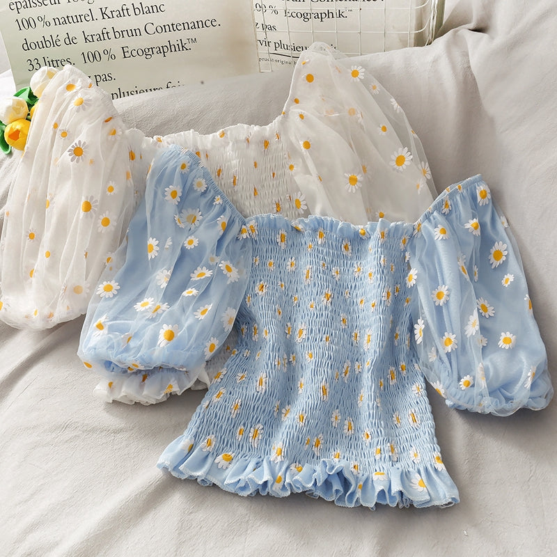 IELGY Little said chrysanthemum short sleeve women's puff sleeve shirt