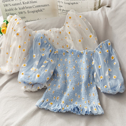 IELGY Little said chrysanthemum short sleeve women's puff sleeve shirt