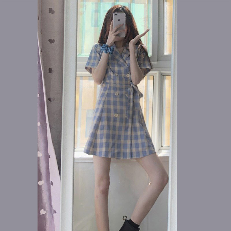 IELGY suit collar dress spring and summer Korean version of the waist slimming plaid skirt women