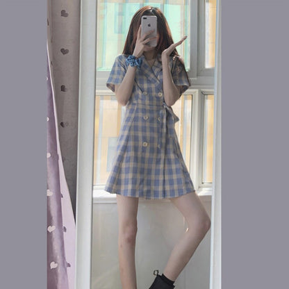IELGY suit collar dress spring and summer Korean version of the waist slimming plaid skirt women