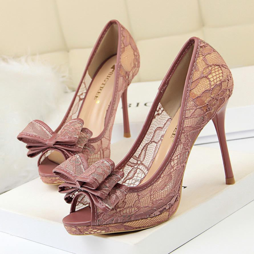 IELGY Fishtail High Heels Sexy Lace 9.5cm Stiletto Shallow Hollow Hollow Mesh Bow Women's Shoes