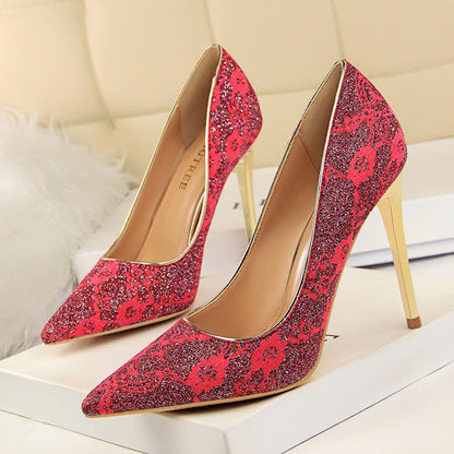 IELGY Party high heel women's shoes sexy 10cm stiletto shallow lace pointed wedding shoes