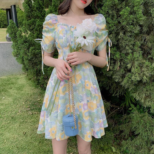 IELGY summer new style short-sleeved high-waisted a-line French square neck floral dress for women
