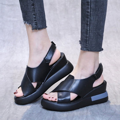 IELGY color matching platform wedge sandals women casual fish mouth soft leather