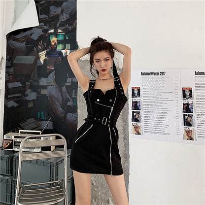 IELGY High Waist Plaid Dress  Shoulder strap temperament skirt, high waist, slim, plaid color matching zipper design skirt