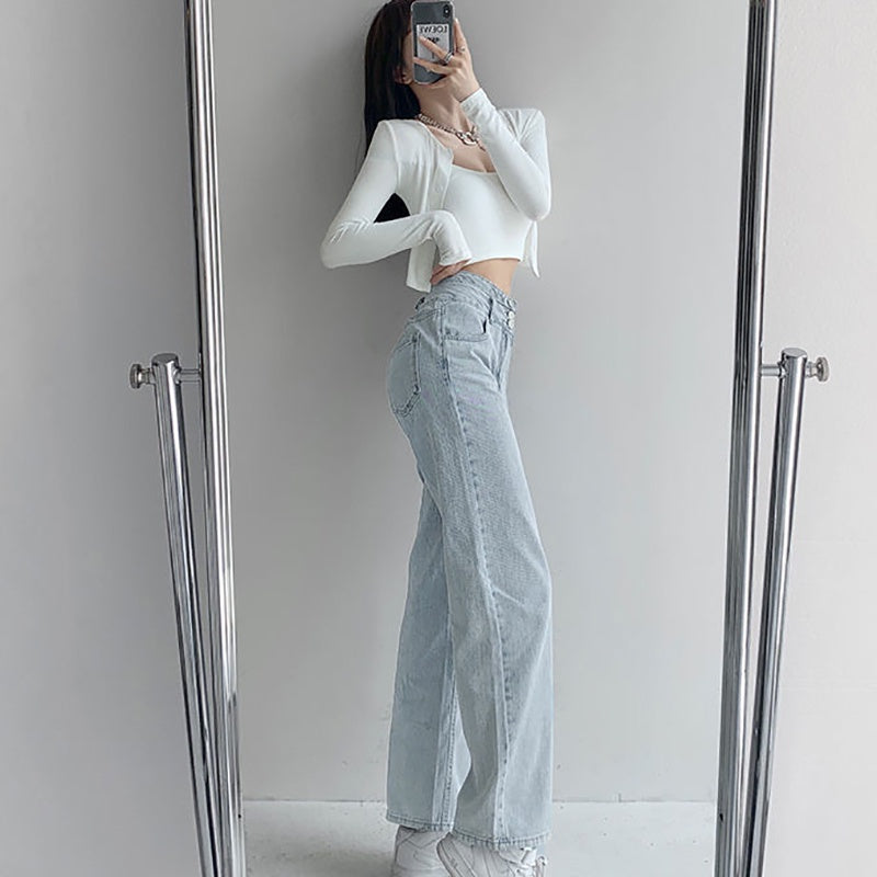 IELGY retro high-waist three-breasted straight jeans loose drape is thin and versatile