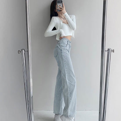 IELGY retro high-waist three-breasted straight jeans loose drape is thin and versatile