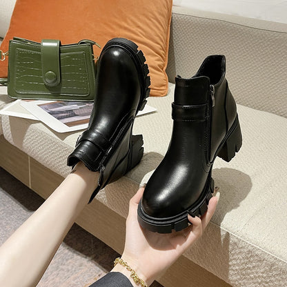 IELGY black round toe high-heeled Martin boots thick heel waterproof platform female trend