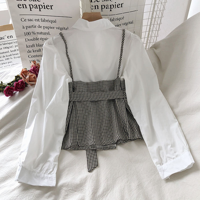 IELGY Lapel Commuter Women's shirt Check Slim fit Autumn Contrast color Fake two-piece Fashion