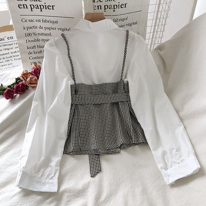 IELGY Lapel Commuter Women's shirt Check Slim fit Autumn Contrast color Fake two-piece Fashion