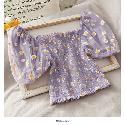 IELGY Little said chrysanthemum short sleeve women's puff sleeve shirt