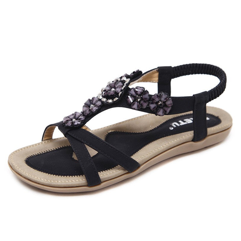 IELGY [Size35-42] Plus size beach shoes sweet bohemian flowers rhinestone casual flat sandals women