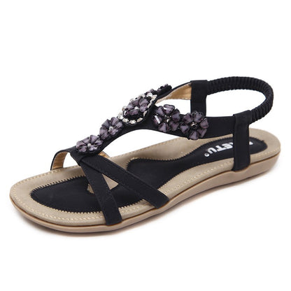 IELGY [Size35-42] Plus size beach shoes sweet bohemian flowers rhinestone casual flat sandals women