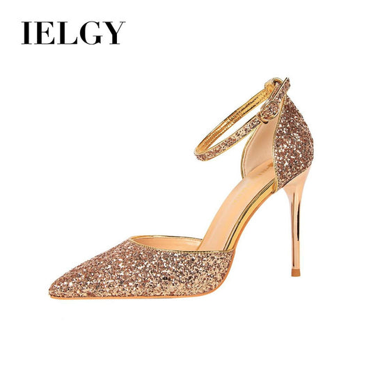 IELGY Stiletto heels shallow mouth pointed toe hollow sequins sexy nightclub was thin lady sandals