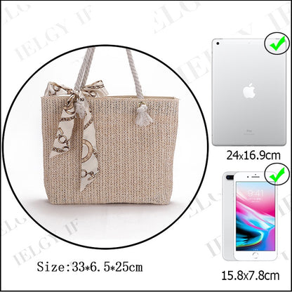 IELGY fairy style large-capacity bucket portable straw woven one-shoulder shopping bag