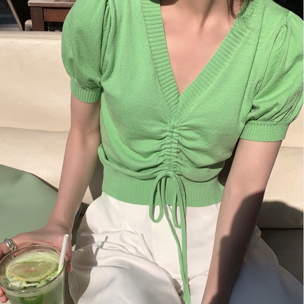 IELGY Drawstring short sleeve knitted loose puff sleeve Crop top
