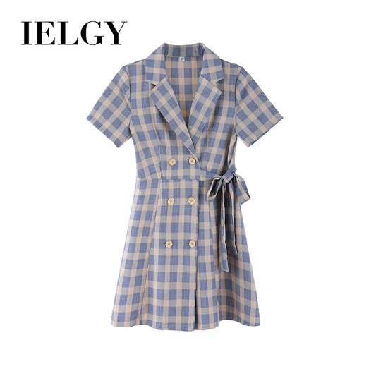 IELGY suit collar dress spring and summer Korean version of the waist slimming plaid skirt women