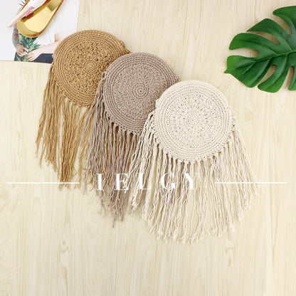 IELGY Handmade round tassel woven bag beach handbags