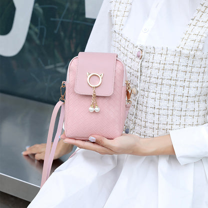 IELGY Cover type Tassel Mobile phone Woven Pearl Korean version Woman's bag Black One shoulder Diagonal